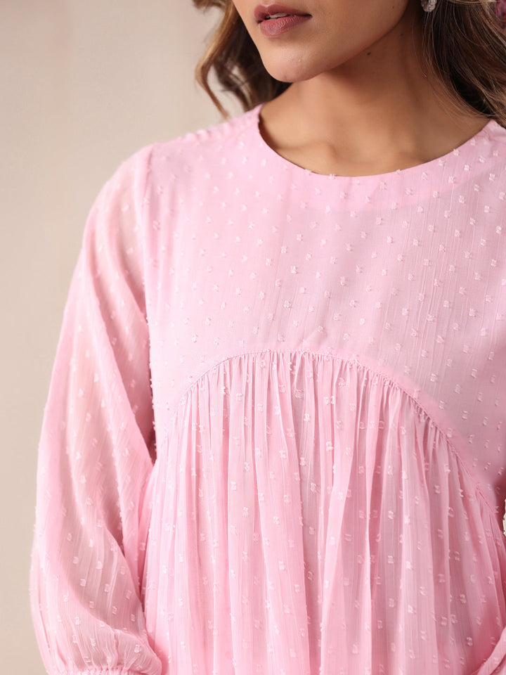 Baby Pink Dobby Chiffon Self Design A-Line Kurta - qivii