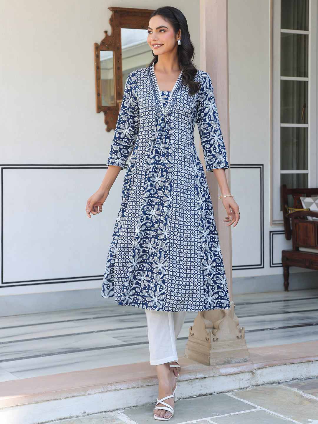 Navy Blue Pure Cotton Yoke Embroidery Floral A-line Kurta - qivii