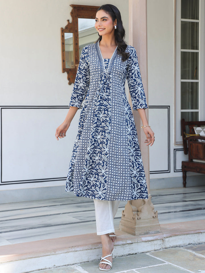 Navy Blue Pure Cotton Yoke Embroidery Floral A-line Kurta - qivii