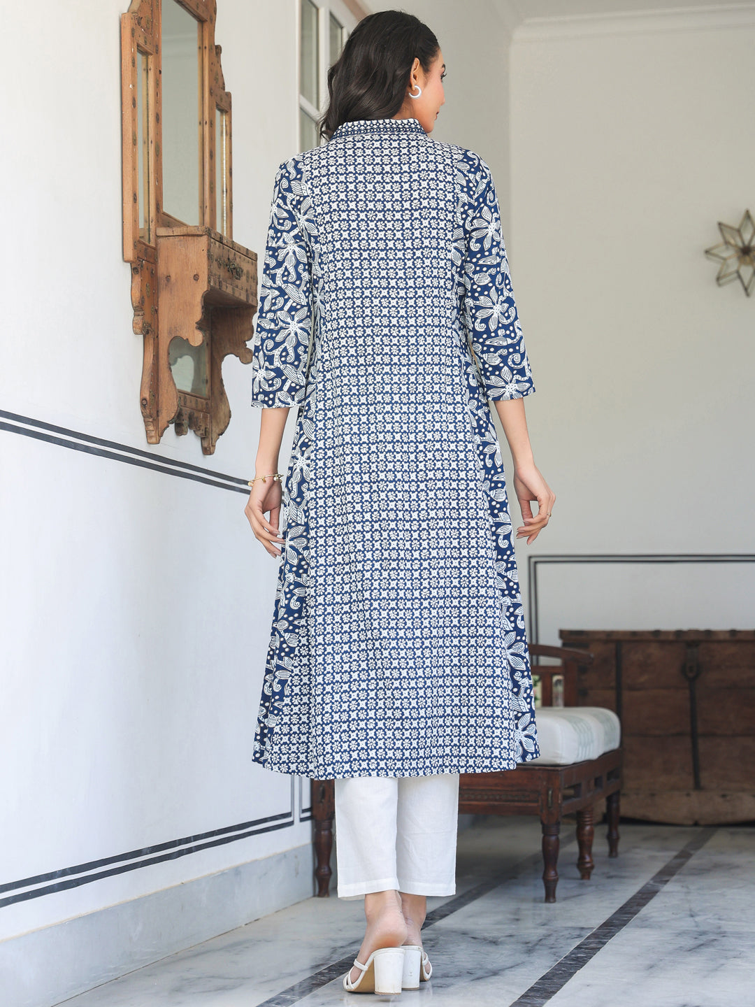 Navy Blue Pure Cotton Yoke Embroidery Floral A-line Kurta - qivii
