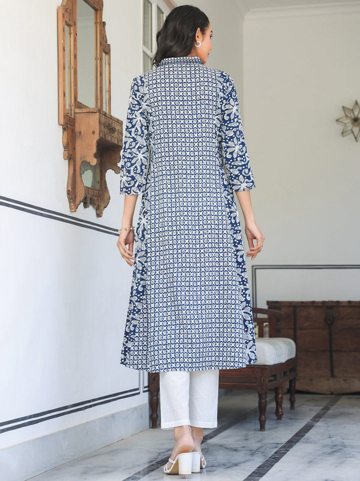 Navy Blue Pure Cotton Yoke Embroidery Floral A-line Kurta - qivii