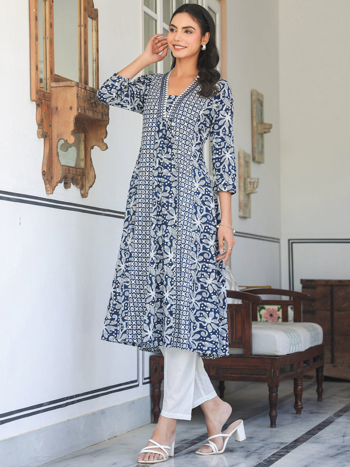 Navy Blue Pure Cotton Yoke Embroidery Floral A-line Kurta - qivii