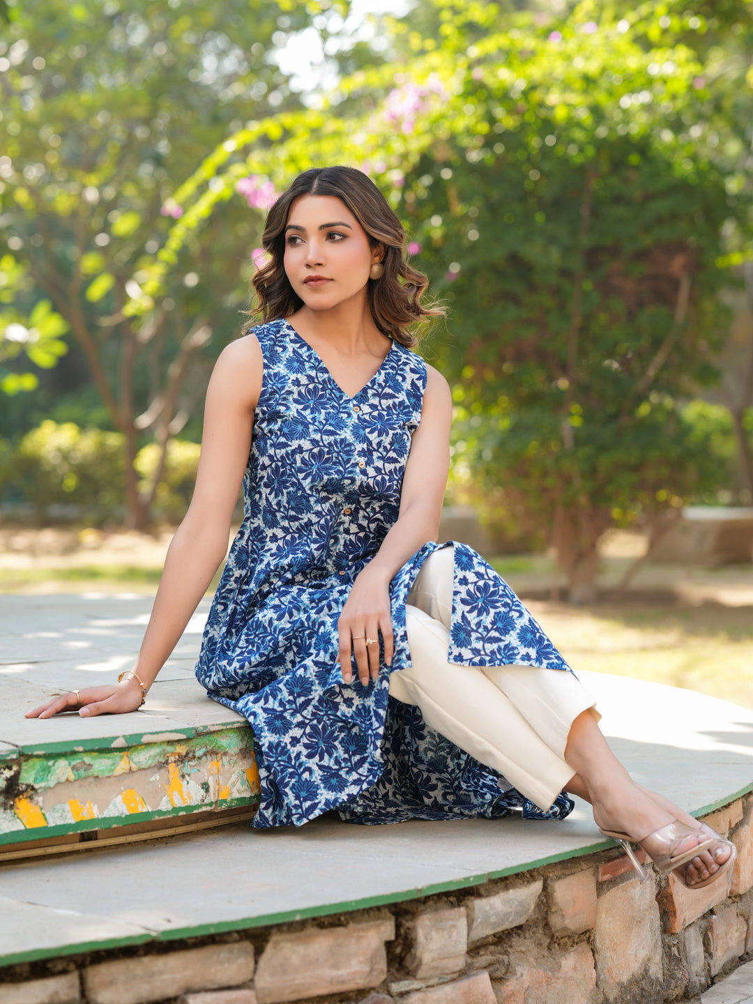 Blue Pure Cotton Floral Printed A-line Kurta - qivii