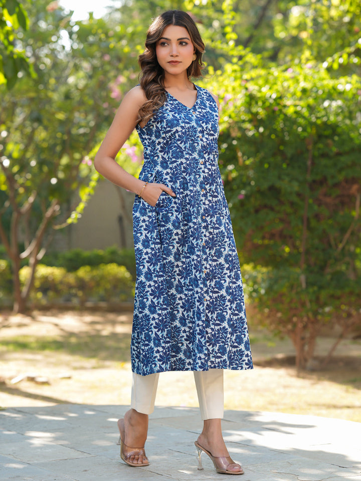 Blue Pure Cotton Floral Printed A-line Kurta - qivii