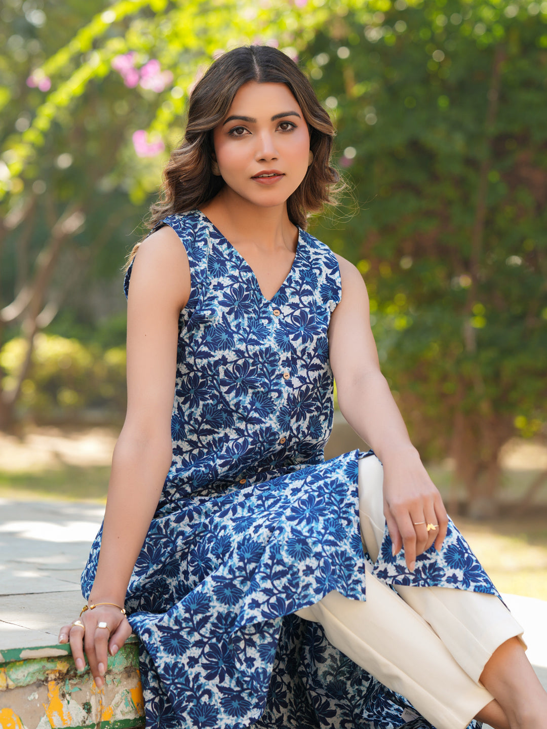 Blue Pure Cotton Floral Printed A-line Kurta - qivii