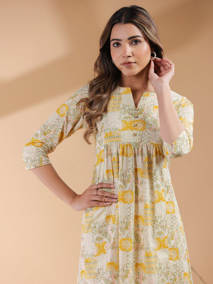 Mustard Pure Cotton Ethnic Motifs Printed A-line Dress - qivii
