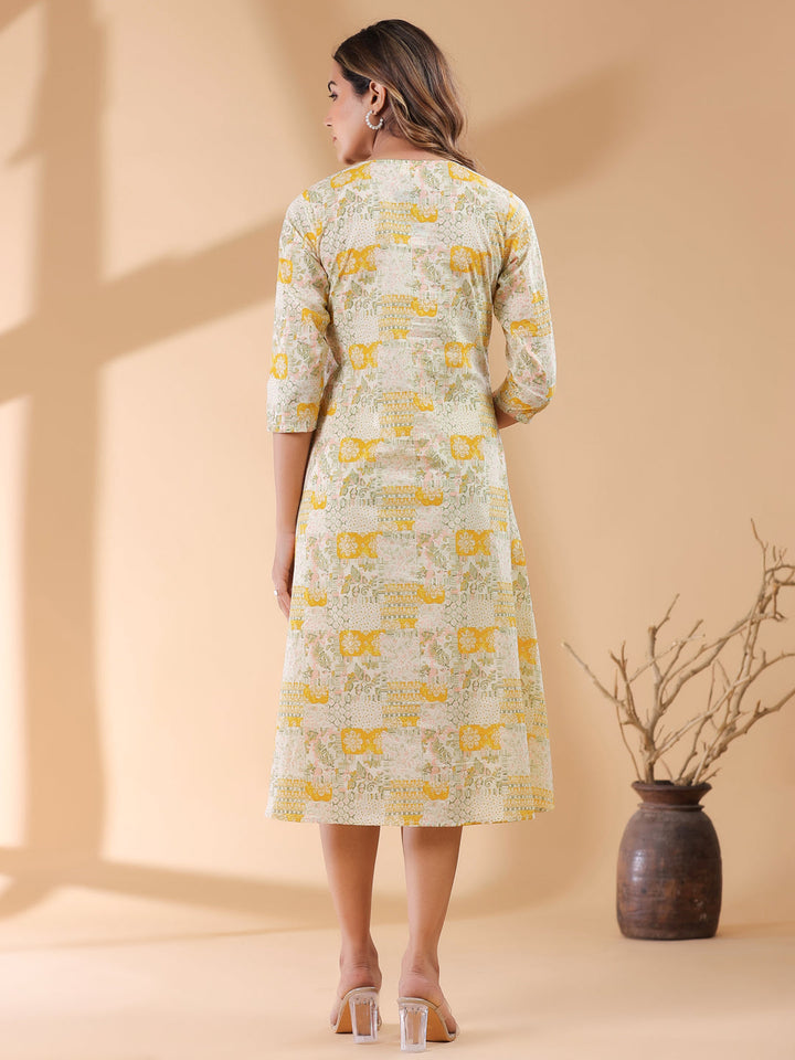 Mustard Pure Cotton Ethnic Motifs Printed A-line Dress - qivii
