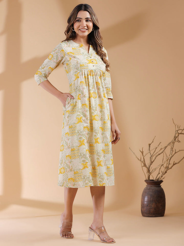 Mustard Pure Cotton Ethnic Motifs Printed A-line Dress - qivii