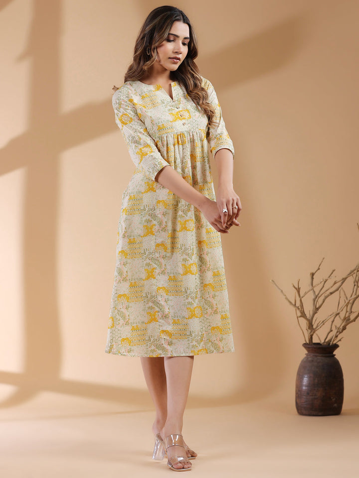 Mustard Pure Cotton Ethnic Motifs Printed A-line Dress - qivii