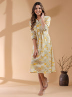 Mustard Pure Cotton Ethnic Motifs Printed A-line Dress