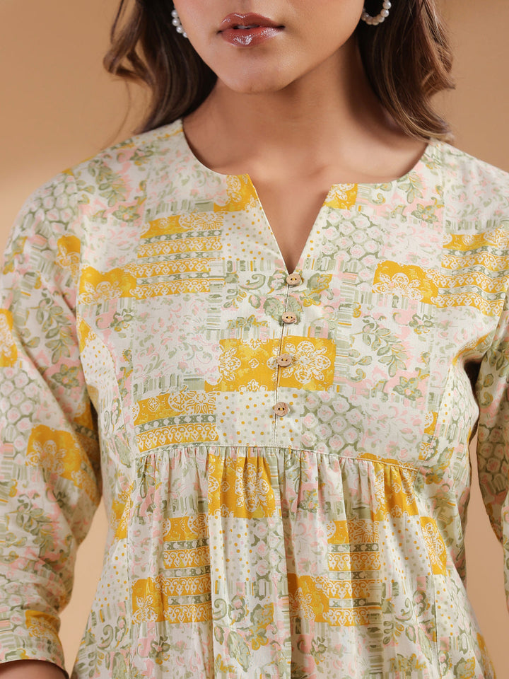 Mustard Pure Cotton Ethnic Motifs Printed A-line Dress - qivii