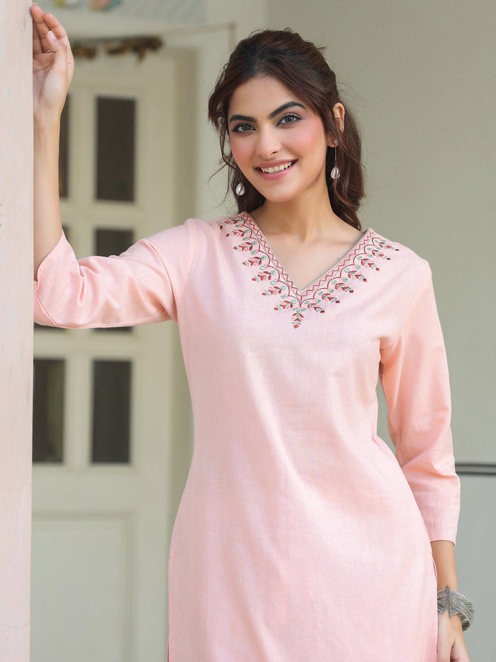Janasya Women's Peach Cotton Yoke Embroidered Straight Kurta - qivii