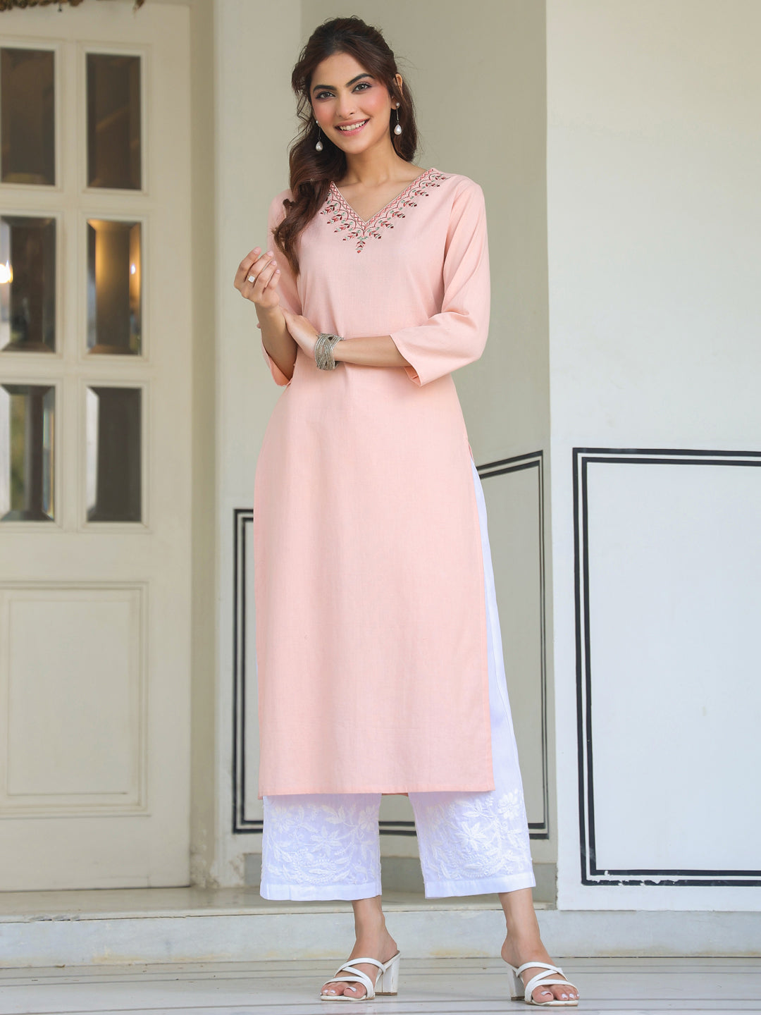 Janasya Women's Peach Cotton Yoke Embroidered Straight Kurta - qivii