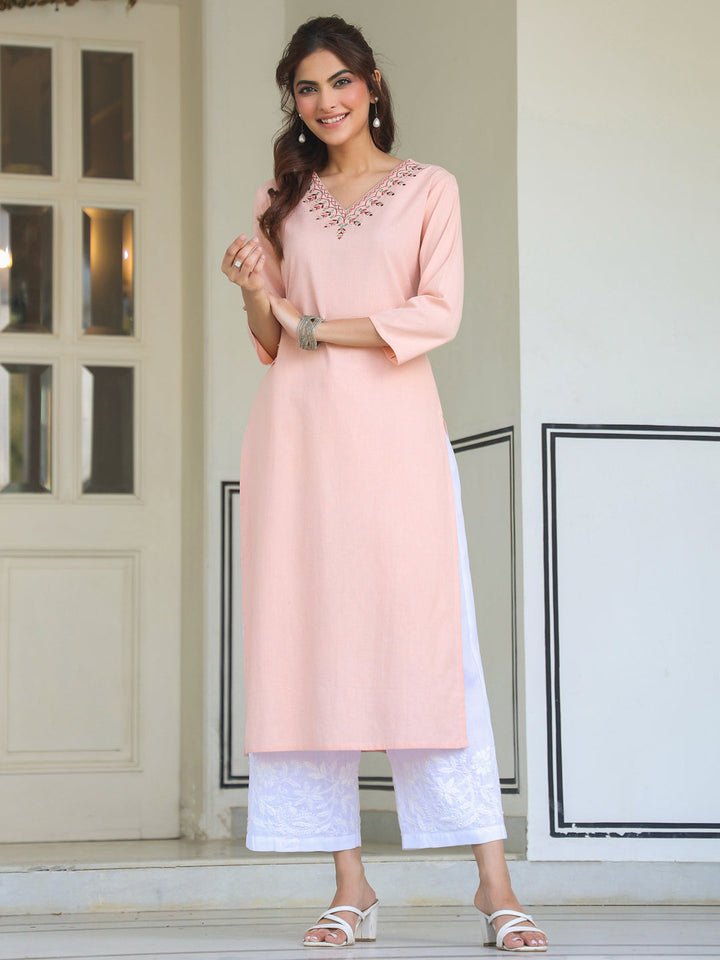 Janasya Women's Peach Cotton Yoke Embroidered Straight Kurta - qivii