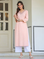 Janasya Women's Peach Cotton Yoke Embroidered Straight Kurta
