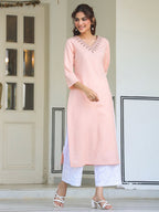 Janasya Women's Peach Cotton Yoke Embroidered Straight Kurta
