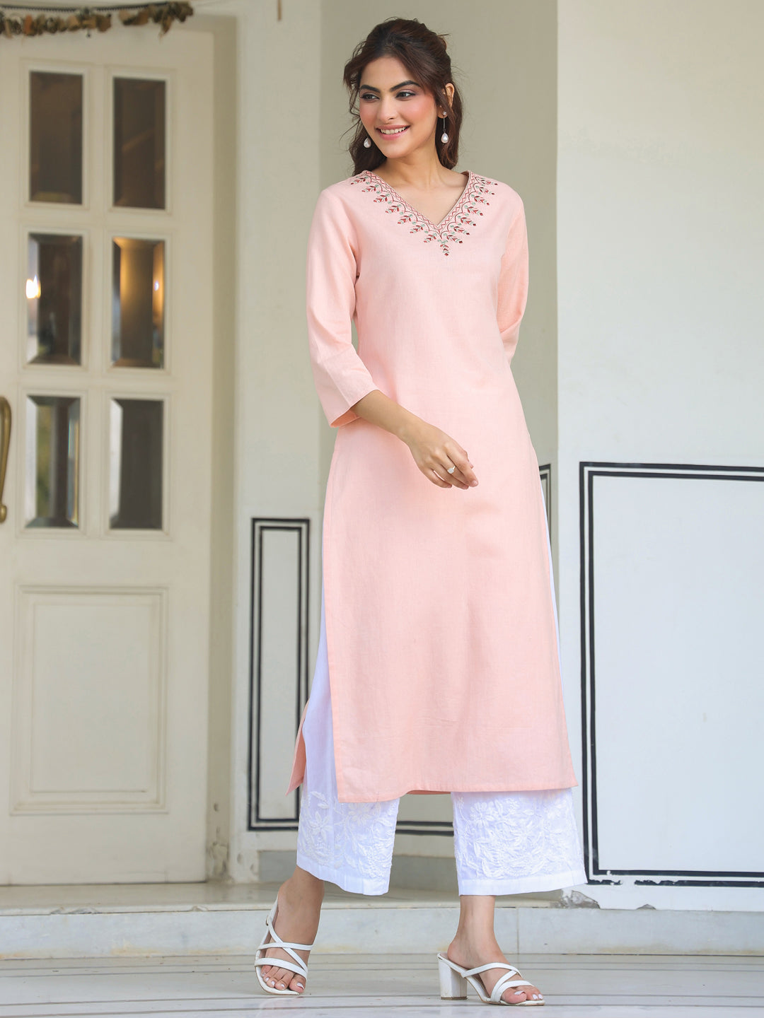Janasya Women's Peach Cotton Yoke Embroidered Straight Kurta