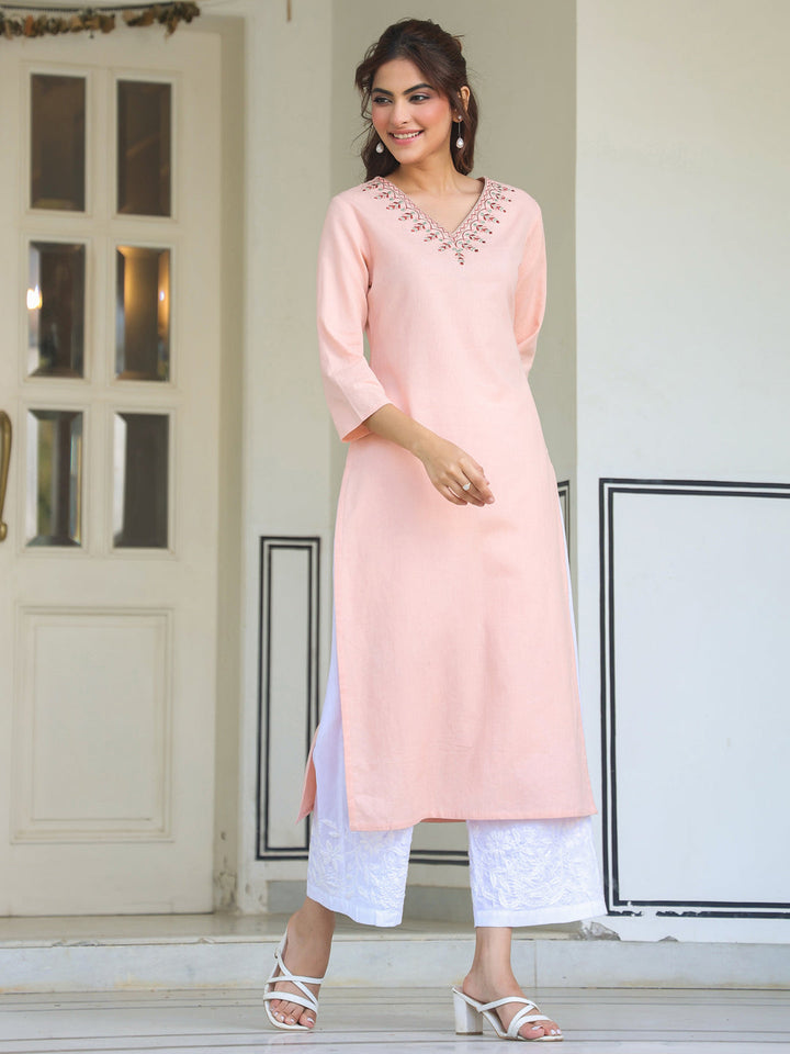 Janasya Women's Peach Cotton Yoke Embroidered Straight Kurta - qivii