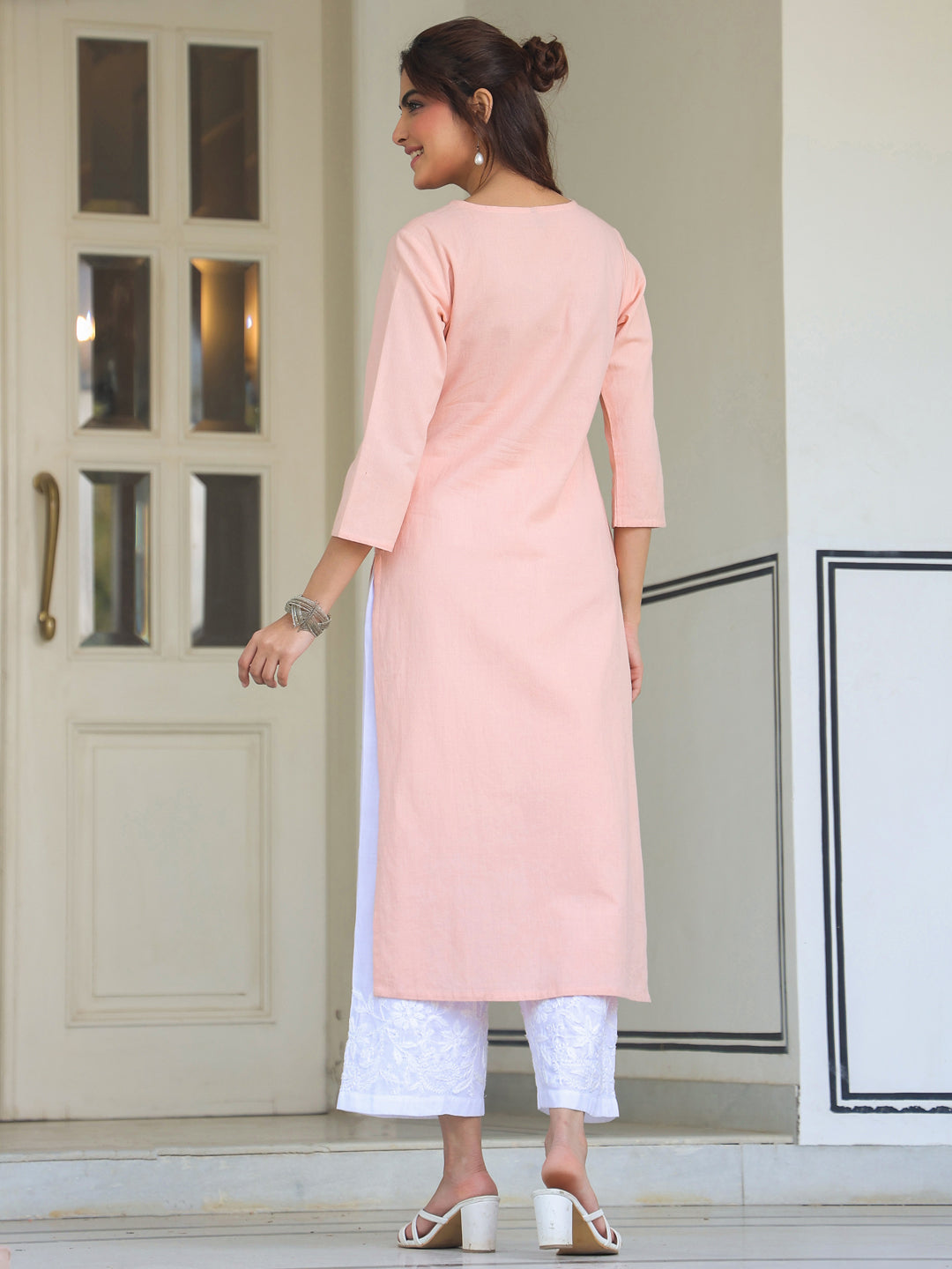 Janasya Women's Peach Cotton Yoke Embroidered Straight Kurta - qivii