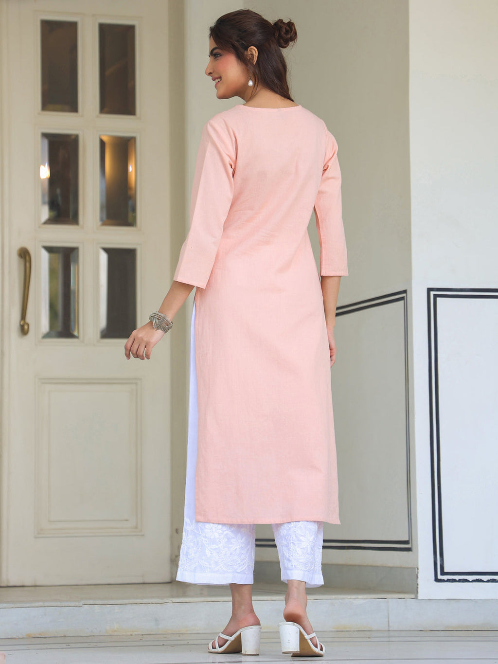 Janasya Women's Peach Cotton Yoke Embroidered Straight Kurta