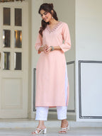 Janasya Women's Peach Cotton Yoke Embroidered Straight Kurta
