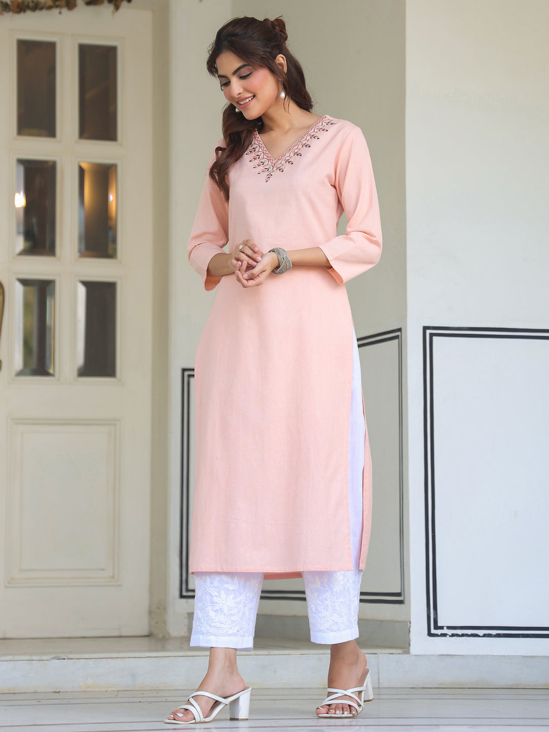 Janasya Women's Peach Cotton Yoke Embroidered Straight Kurta