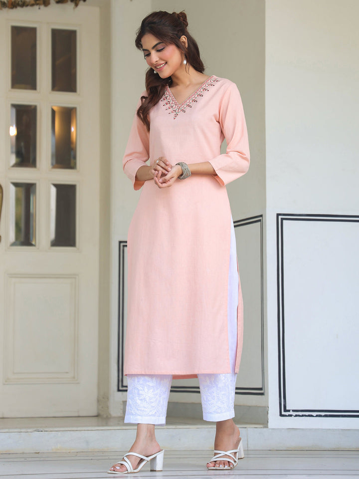 Janasya Women's Peach Cotton Yoke Embroidered Straight Kurta - qivii