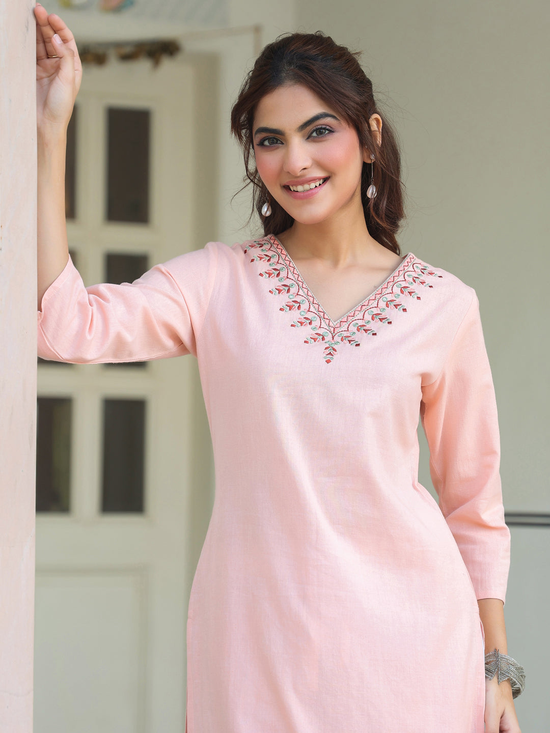 Janasya Women's Peach Cotton Yoke Embroidered Straight Kurta