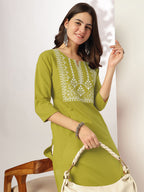 Janasya Women's Lime Green Pure Cotton Yoke Embroidered Straight Kurta