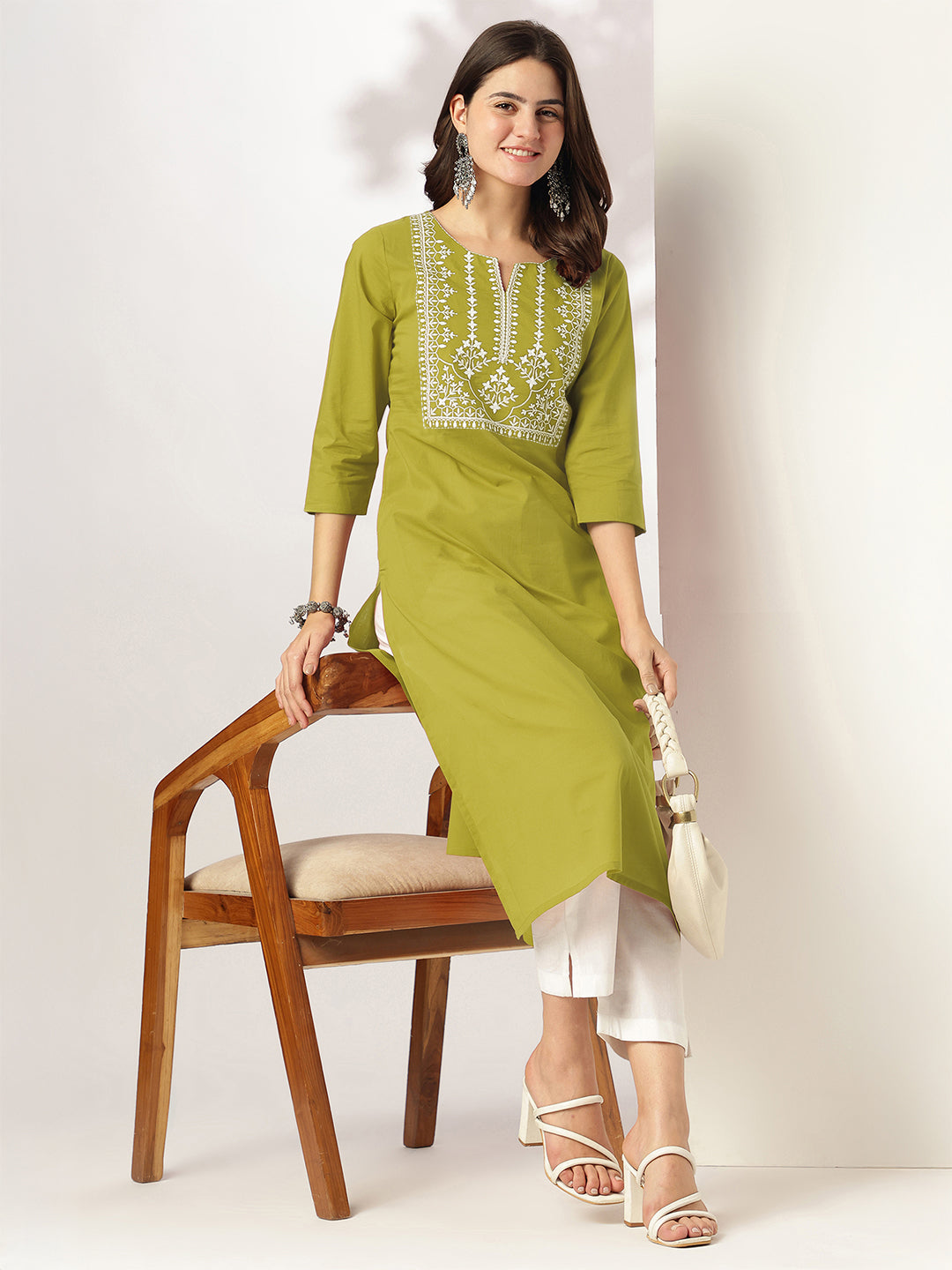 Janasya Women's Lime Green Pure Cotton Yoke Embroidered Straight Kurta - qivii