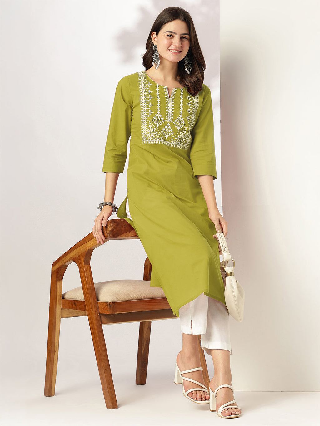 Janasya Women's Lime Green Pure Cotton Yoke Embroidered Straight Kurta