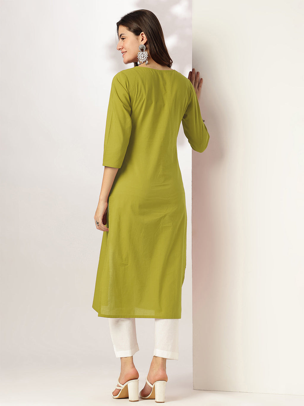 Janasya Women's Lime Green Pure Cotton Yoke Embroidered Straight Kurta