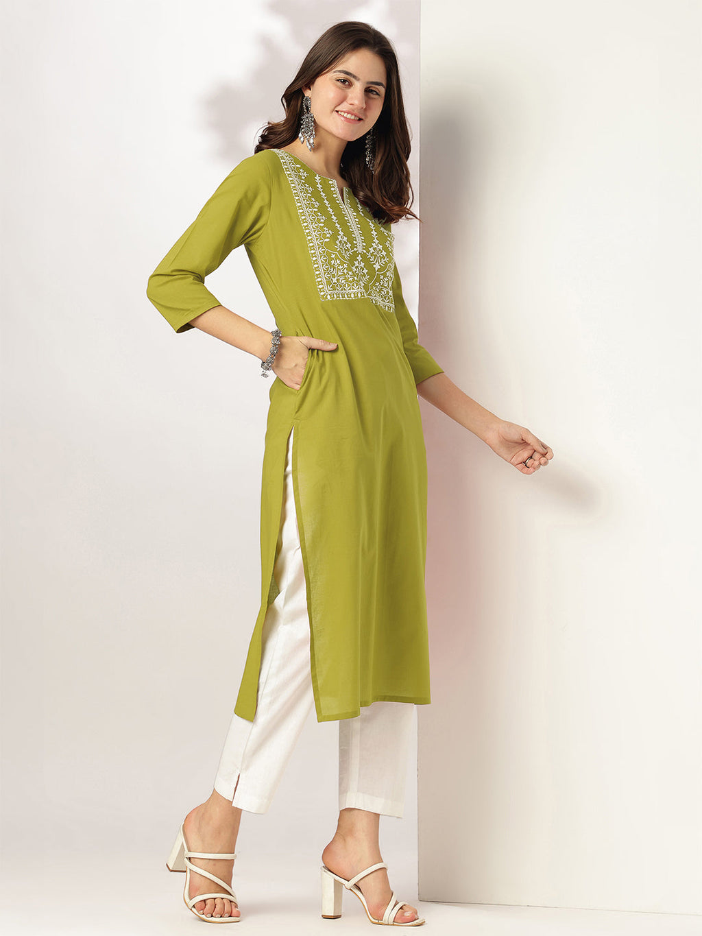 Janasya Women's Lime Green Pure Cotton Yoke Embroidered Straight Kurta