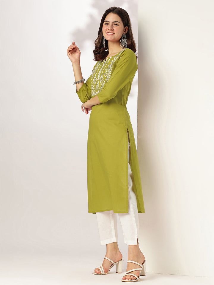 Janasya Women's Lime Green Pure Cotton Yoke Embroidered Straight Kurta - qivii