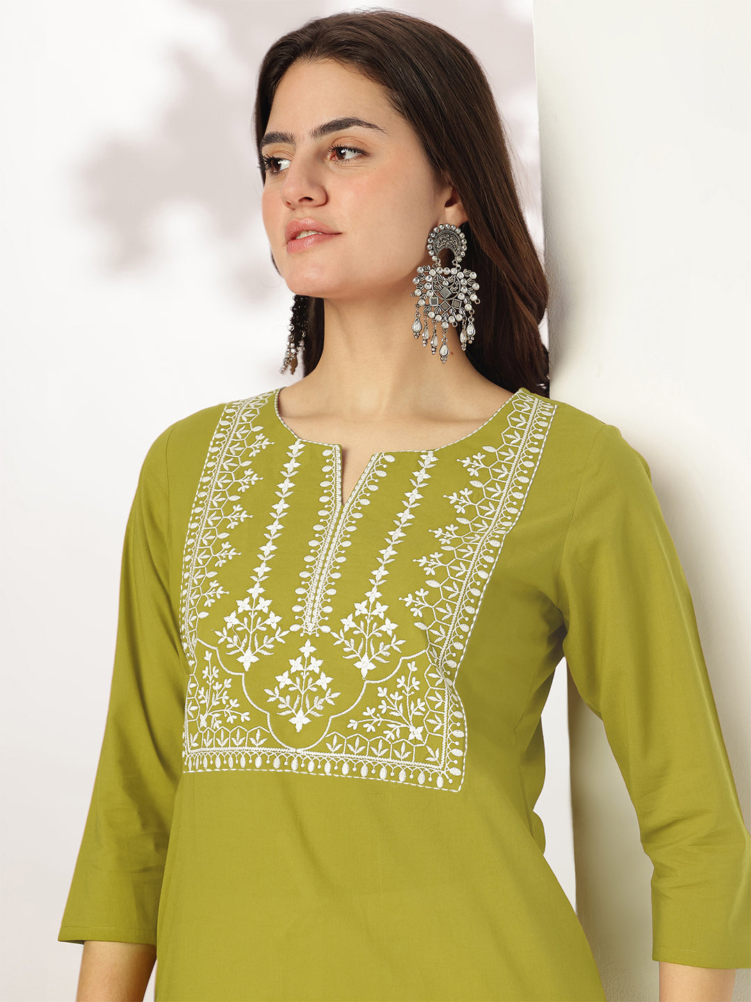 Janasya Women's Lime Green Pure Cotton Yoke Embroidered Straight Kurta