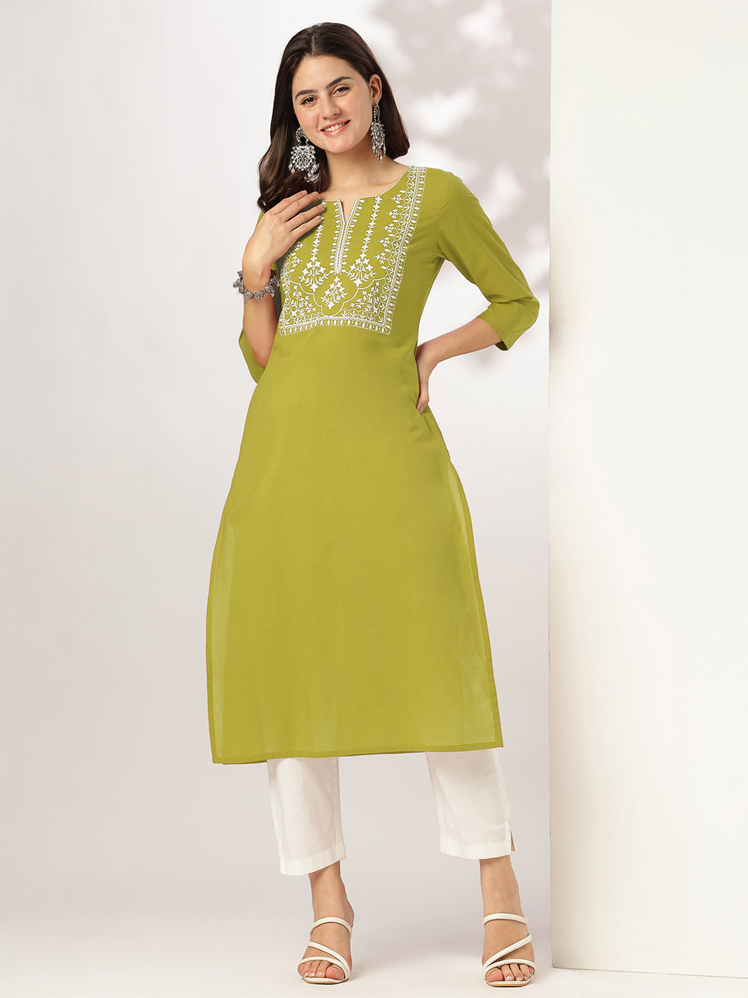 Janasya Women's Lime Green Pure Cotton Yoke Embroidered Straight Kurta
