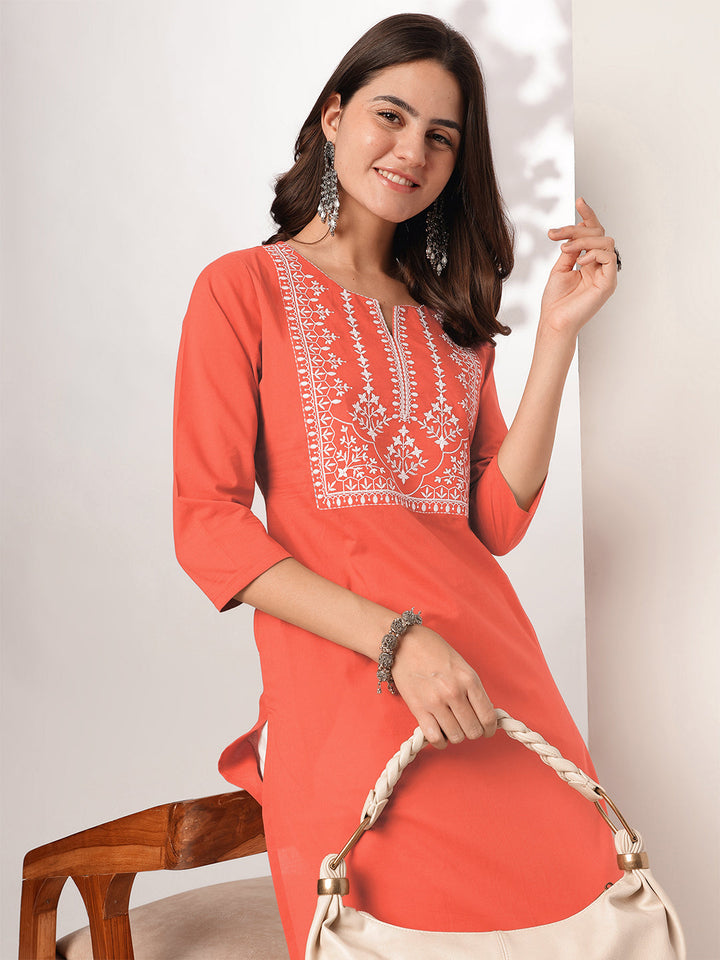 Janasya Women's Rust Pure Cotton Yoke Embroidered Straight Kurta - qivii