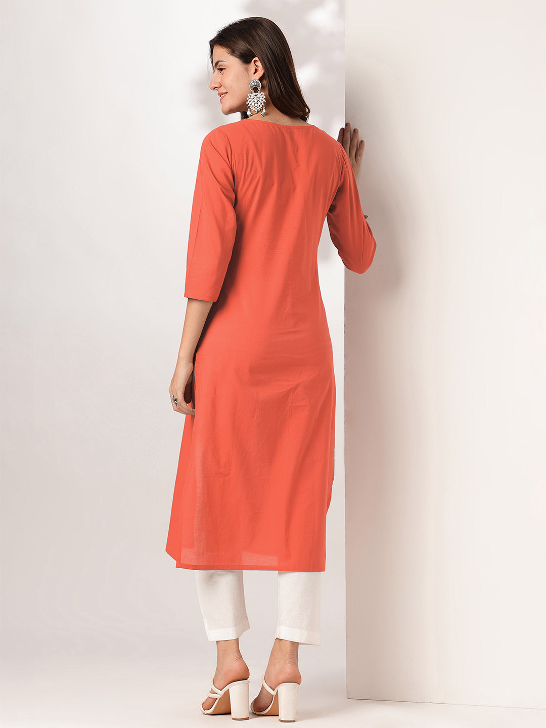 Janasya Women's Rust Pure Cotton Yoke Embroidered Straight Kurta - qivii