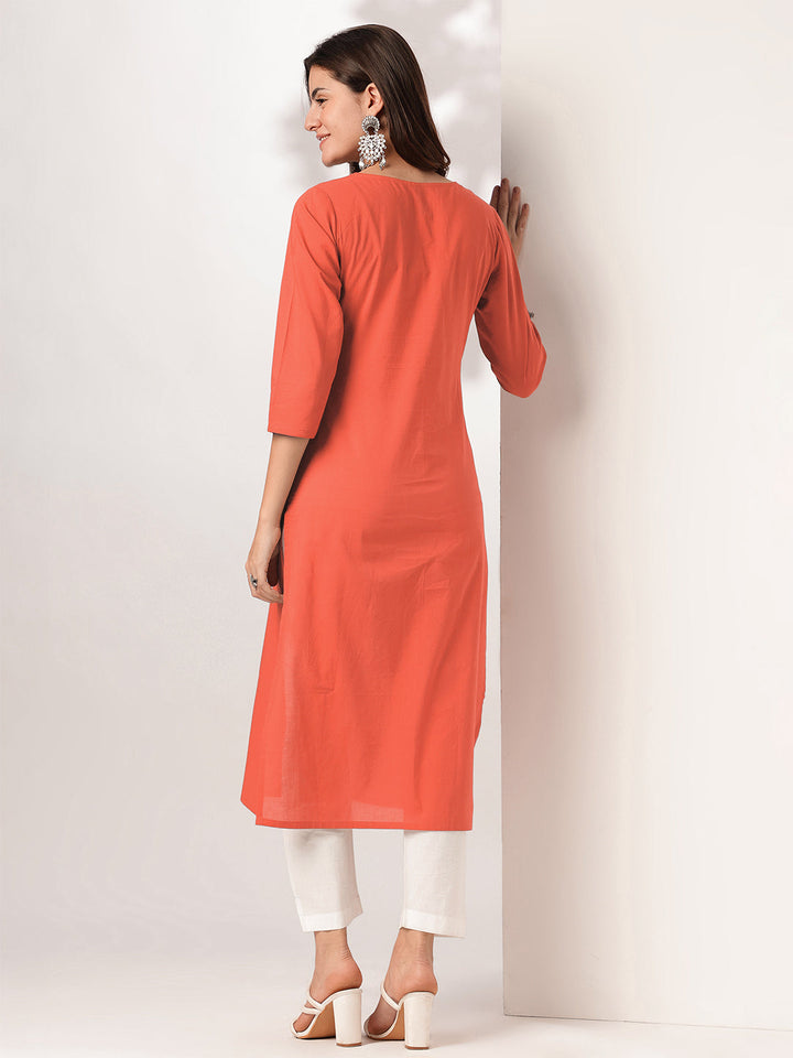 Janasya Women's Rust Pure Cotton Yoke Embroidered Straight Kurta - qivii