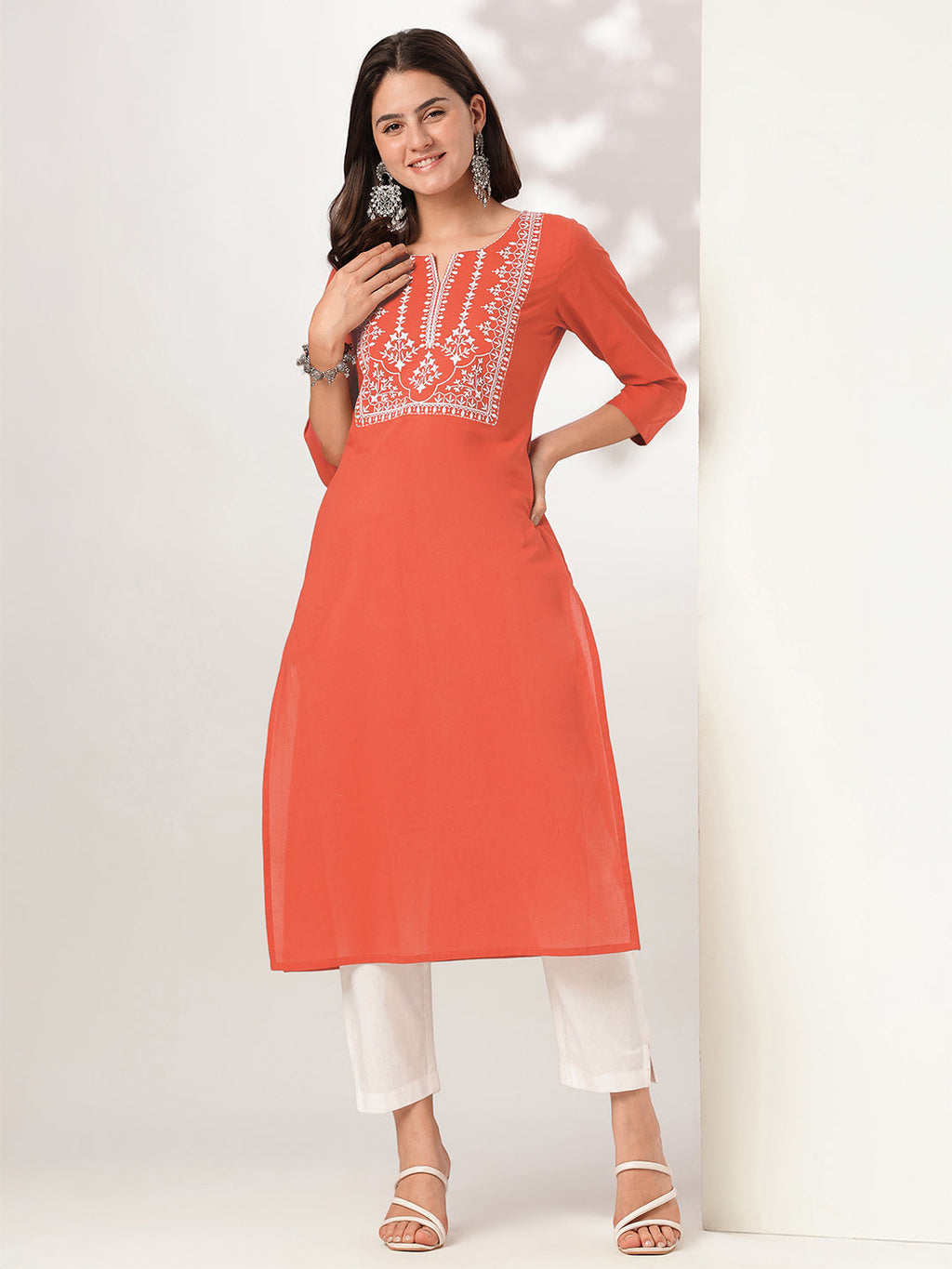 Janasya Women's Rust Pure Cotton Yoke Embroidered Straight Kurta