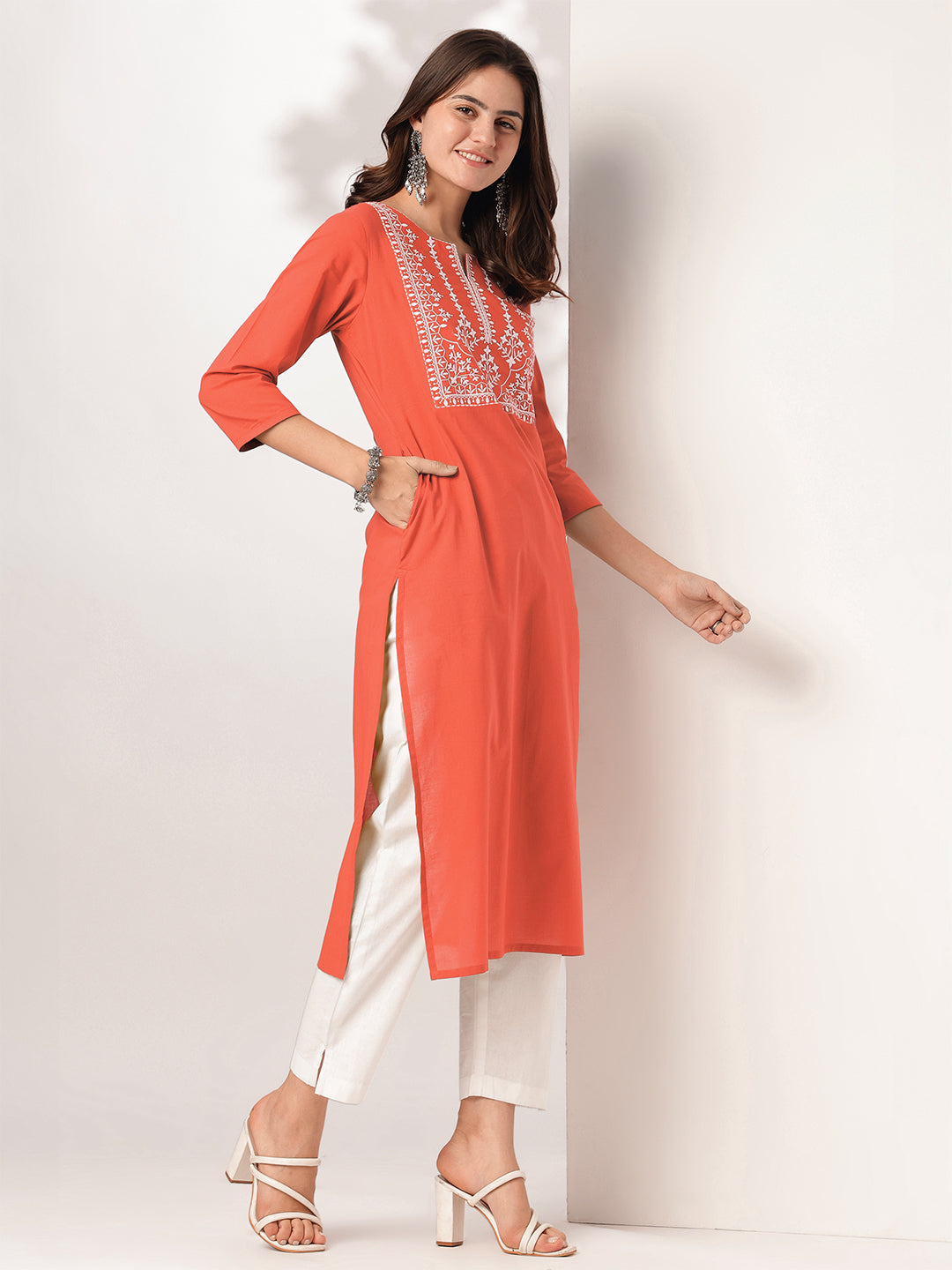 Janasya Women's Rust Pure Cotton Yoke Embroidered Straight Kurta