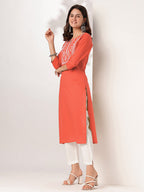 Janasya Women's Rust Pure Cotton Yoke Embroidered Straight Kurta