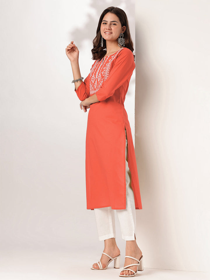 Janasya Women's Rust Pure Cotton Yoke Embroidered Straight Kurta - qivii