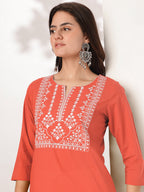 Janasya Women's Rust Pure Cotton Yoke Embroidered Straight Kurta