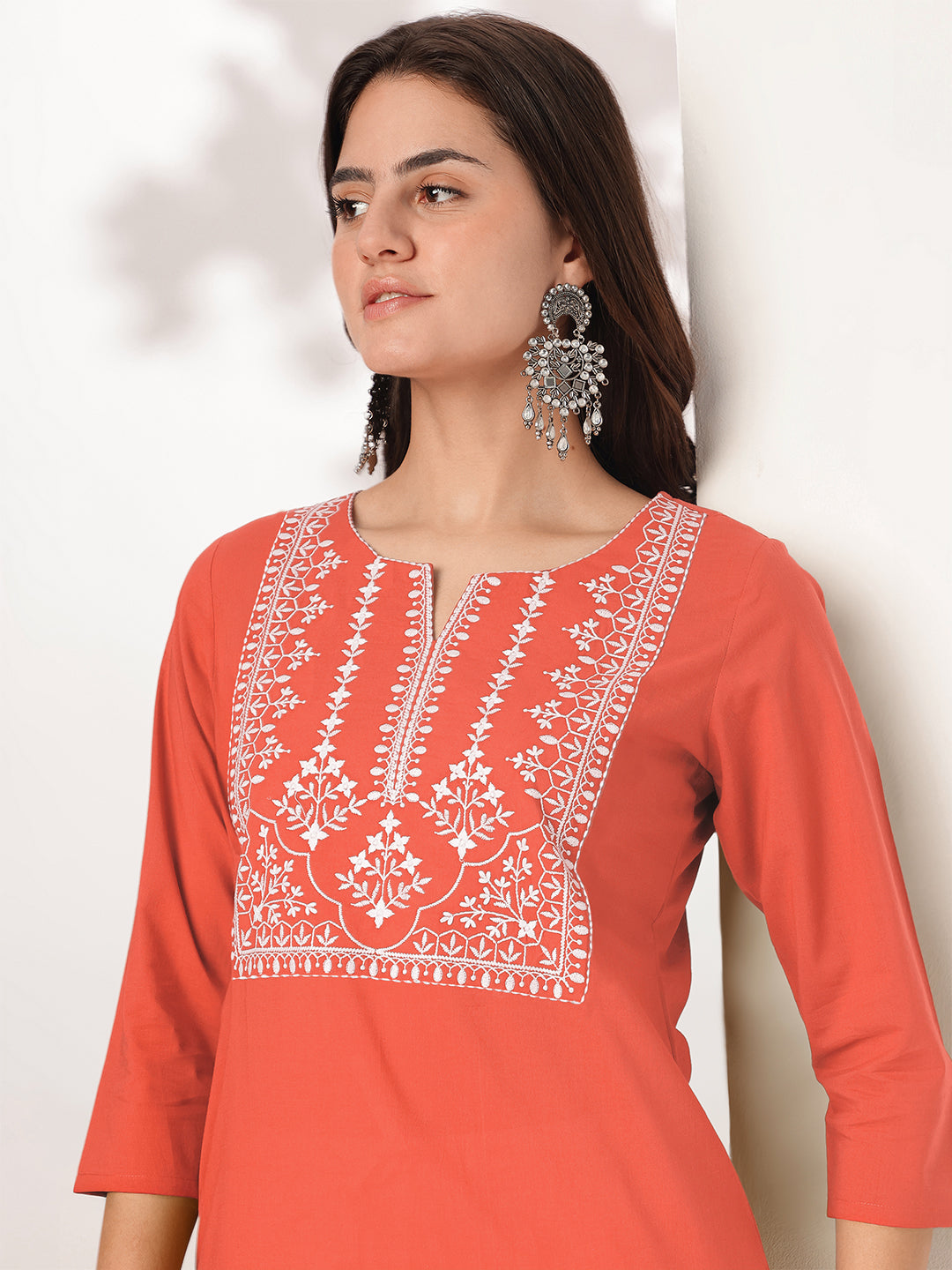 Janasya Women's Rust Pure Cotton Yoke Embroidered Straight Kurta