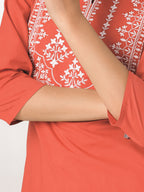 Janasya Women's Rust Pure Cotton Yoke Embroidered Straight Kurta