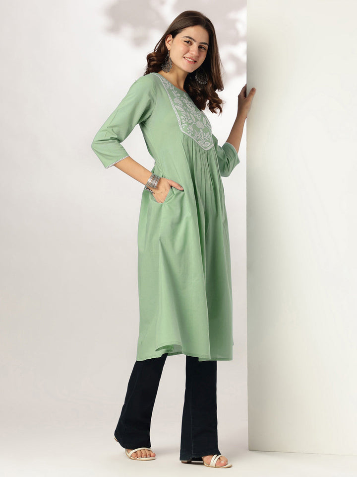 Janasya Women's Light Green Pure Cotton Yoke Embroidery A-line Kurta