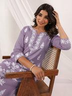 Janasya Women's Light Purple Pure Cotton Embroidered Straight Kurta