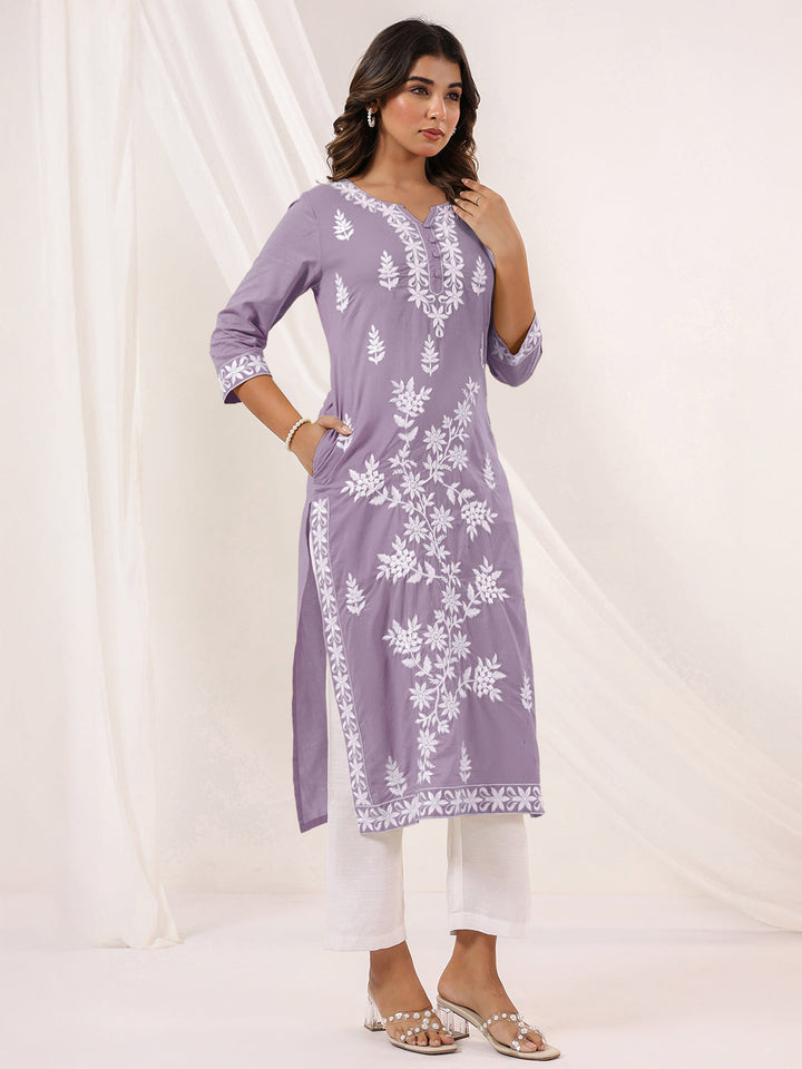 Janasya Women's Light Purple Pure Cotton Embroidered Straight Kurta - qivii
