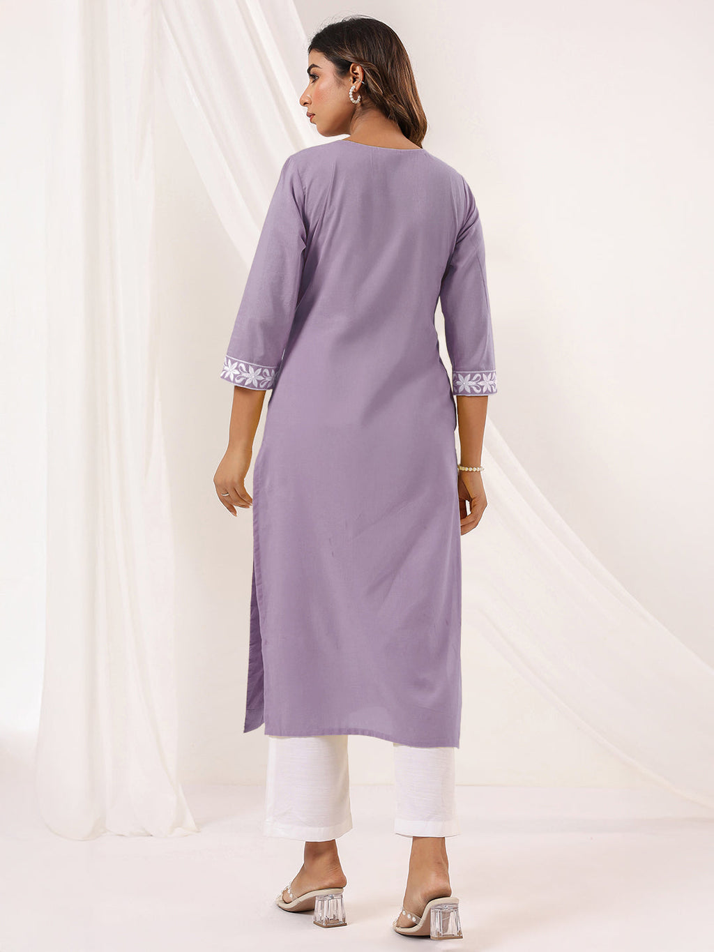 Janasya Women's Light Purple Pure Cotton Embroidered Straight Kurta